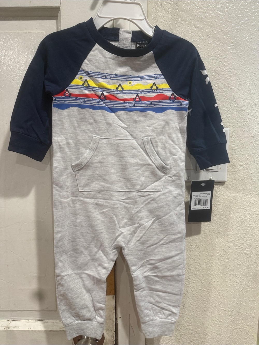 Hurley Navy, Heather Gray & Yellow Sailboat Stripe Baby One-Piece